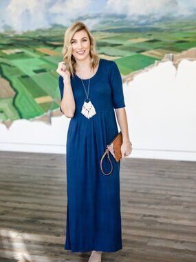 Ethically Made Comfy Knit Navy Maxi Dress with Pockets NWT